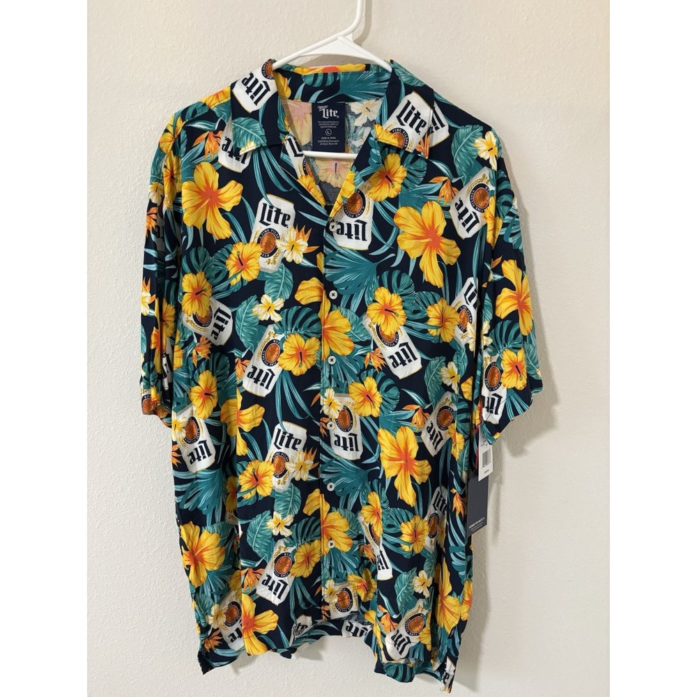 Miller Lite Tropical Cans Hawaiian Shirt Rayon Button Up SS Top Mens Size Large